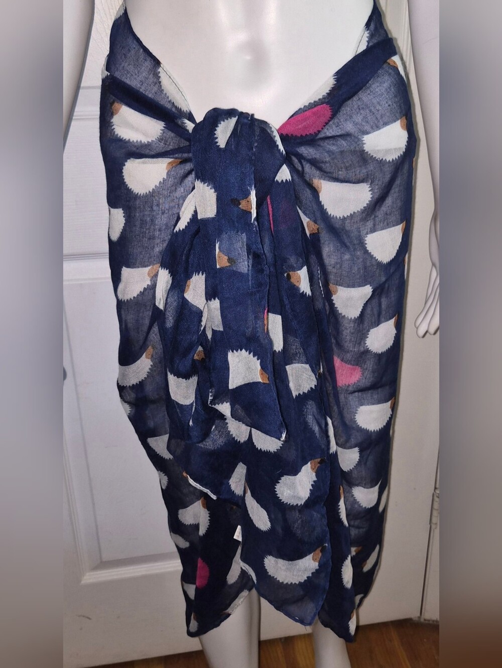 Oversized Navy Blue Hedgehog Print Lightweight Scarf Shawl Wrap